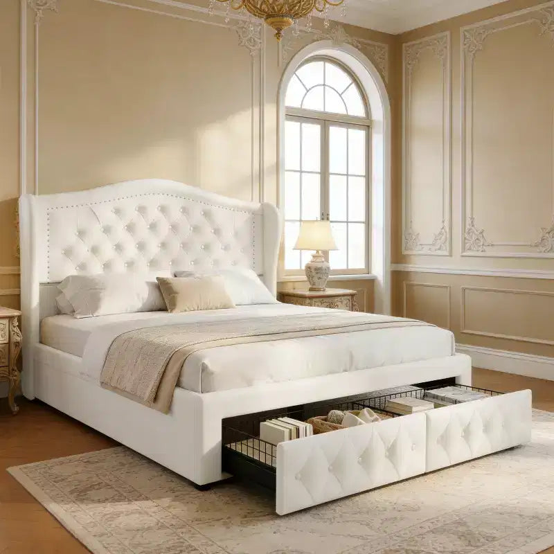 Dyonery Queen bed frame, 52.6 inches high, with two drawers, velvet soft packaging, diamond sewn headboard, vintage rivets and wing back design.