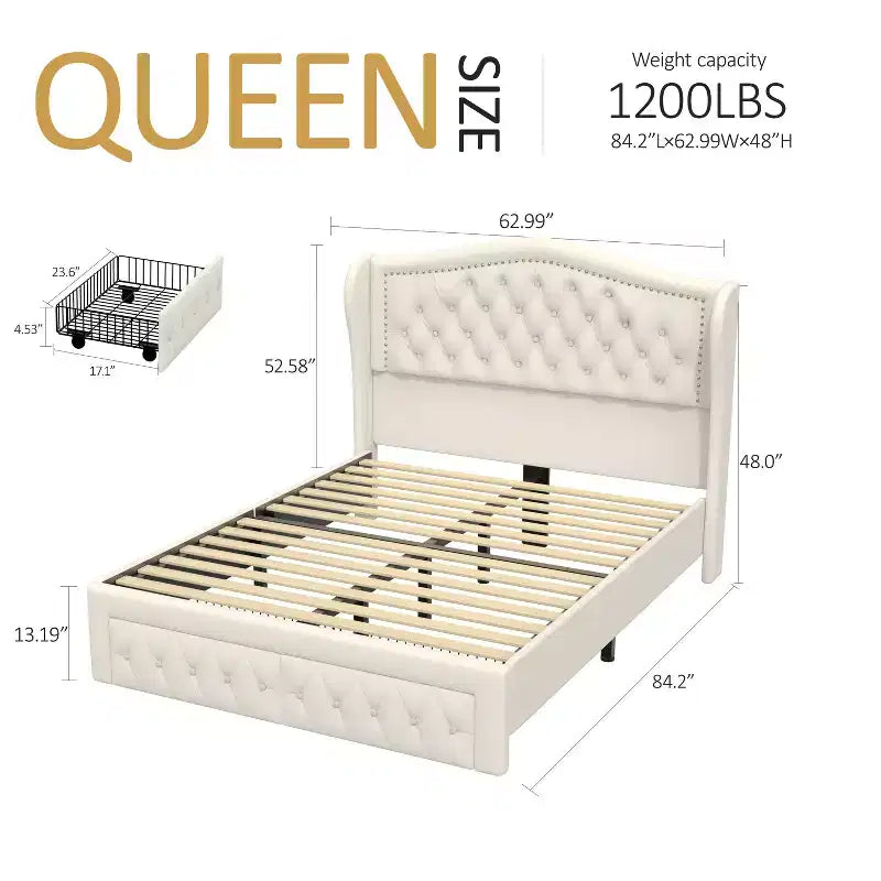 Dyonery Queen bed frame, 52.6 inches high, with two drawers, velvet soft packaging, diamond sewn headboard, vintage rivets and wing back design.