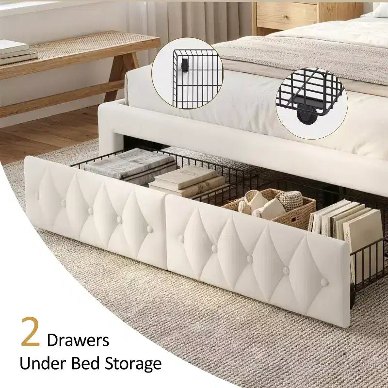 Dyonery Queen bed frame, 52.6 inches high, with two drawers, velvet soft packaging, diamond sewn headboard, vintage rivets and wing back design.