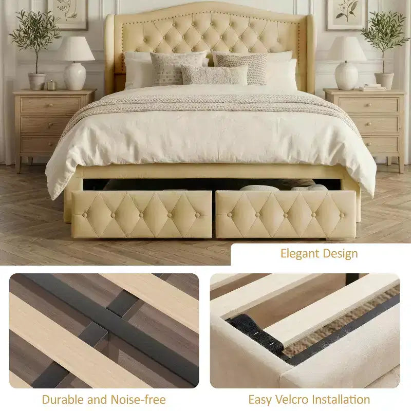 Dyonery Queen bed frame, 52.6 inches high, with two drawers, velvet soft packaging, diamond sewn headboard, vintage rivets and wing back design.