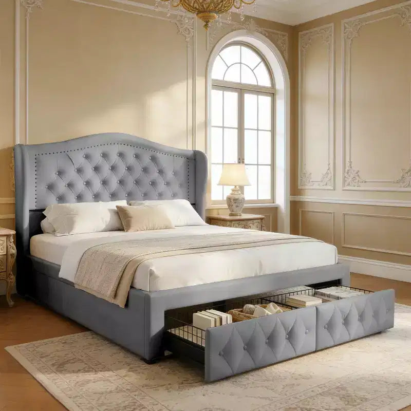 Dyonery Queen bed frame, 52.6 inches high, with two drawers, velvet soft packaging, diamond sewn headboard, vintage rivets and wing back design.