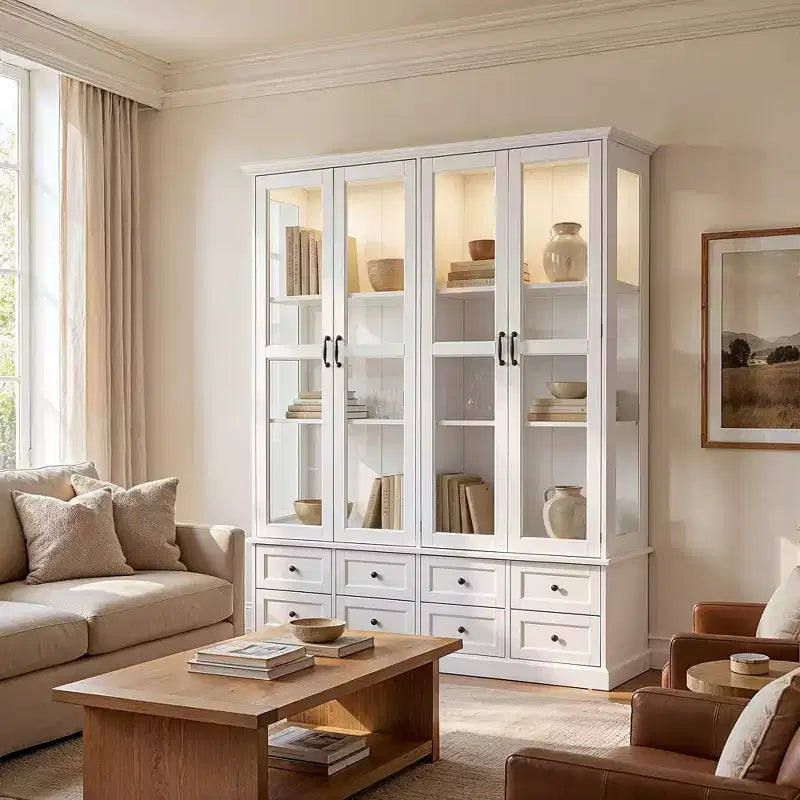 Famapy White Display Cabinet Bookcase: RGB LED Lighting + Drawer Storage + Glass Doors  Spacious Organizer for Living Rooms & Home Libraries
