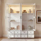 Famapy White Display Cabinet Bookcase: RGB LED Lighting + Drawer Storage + Glass Doors  Spacious Organizer for Living Rooms & Home Libraries