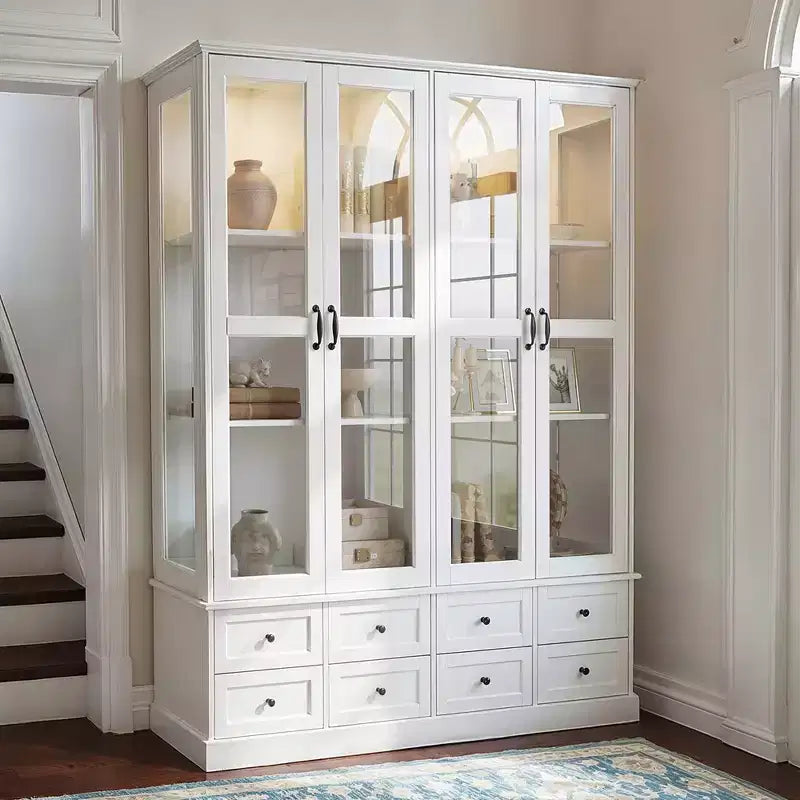 Famapy White Display Cabinet Bookcase: RGB LED Lighting + Drawer Storage + Glass Doors  Spacious Organizer for Living Rooms & Home Libraries