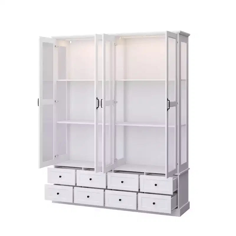 Famapy White Display Cabinet Bookcase: RGB LED Lighting + Drawer Storage + Glass Doors  Spacious Organizer for Living Rooms & Home Libraries