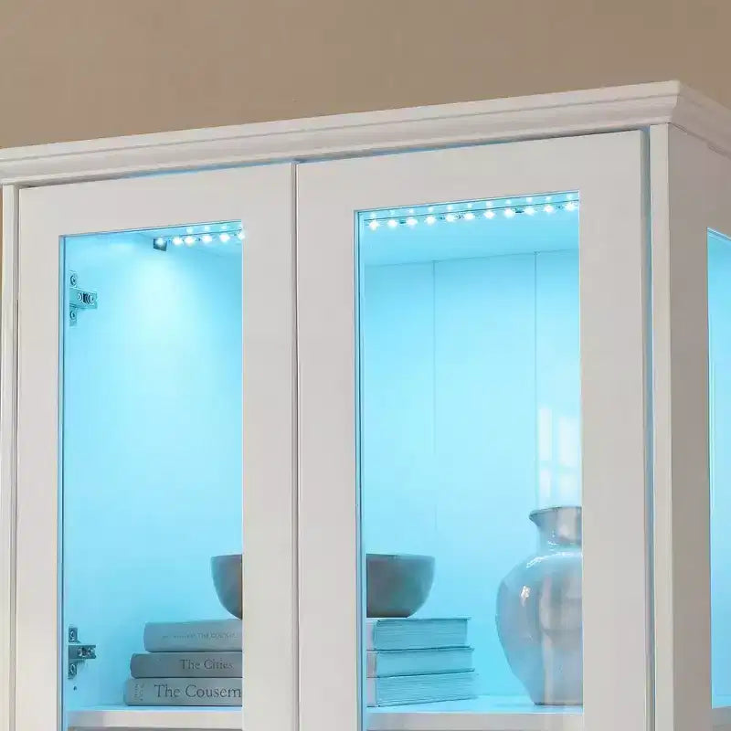 Famapy White Display Cabinet Bookcase: RGB LED Lighting + Drawer Storage + Glass Doors  Spacious Organizer for Living Rooms & Home Libraries