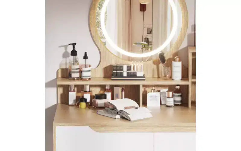 JVNOXK Vanity Dressing Table with 3 Height-Adjustable Lighted Mirrors and Solid Wood Legs, Featuring 4 Drawers and 3 Open Storage Shelves