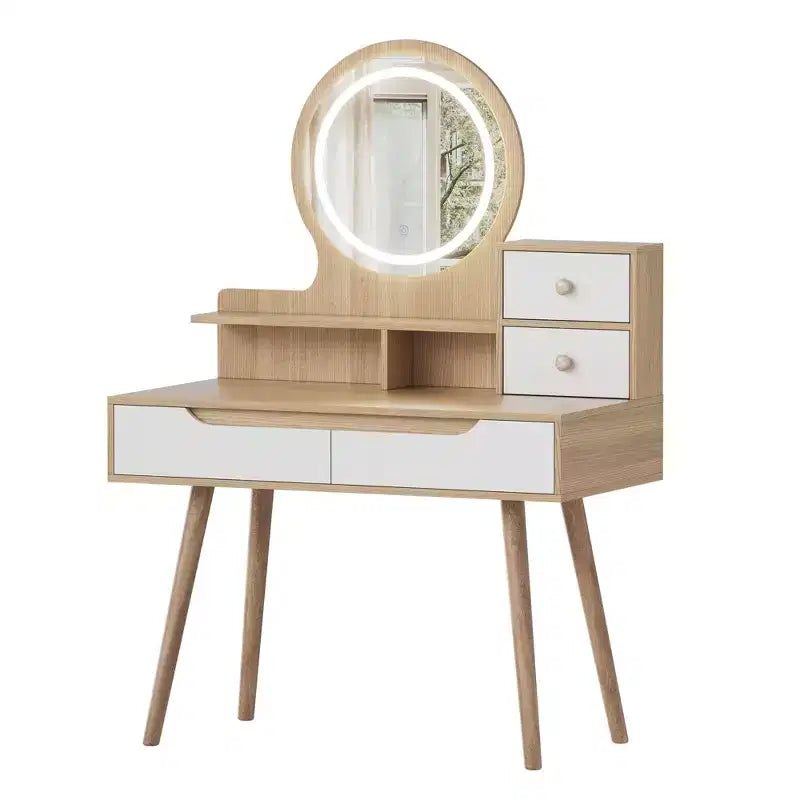 JVNOXK Vanity Dressing Table with 3 Height-Adjustable Lighted Mirrors and Solid Wood Legs, Featuring 4 Drawers and 3 Open Storage Shelves