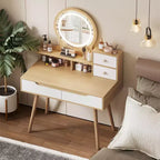 JVNOXK Vanity Dressing Table with 3 Height-Adjustable Lighted Mirrors and Solid Wood Legs, Featuring 4 Drawers and 3 Open Storage Shelves