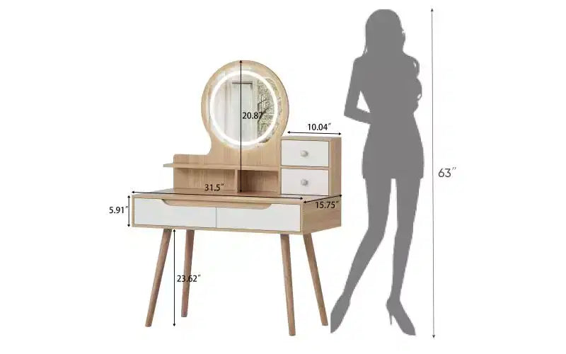 JVNOXK Vanity Dressing Table with 3 Height-Adjustable Lighted Mirrors and Solid Wood Legs, Featuring 4 Drawers and 3 Open Storage Shelves