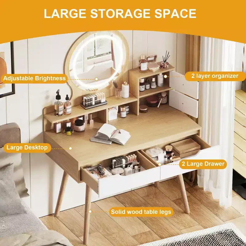 JVNOXK Vanity Dressing Table with 3 Height-Adjustable Lighted Mirrors and Solid Wood Legs, Featuring 4 Drawers and 3 Open Storage Shelves