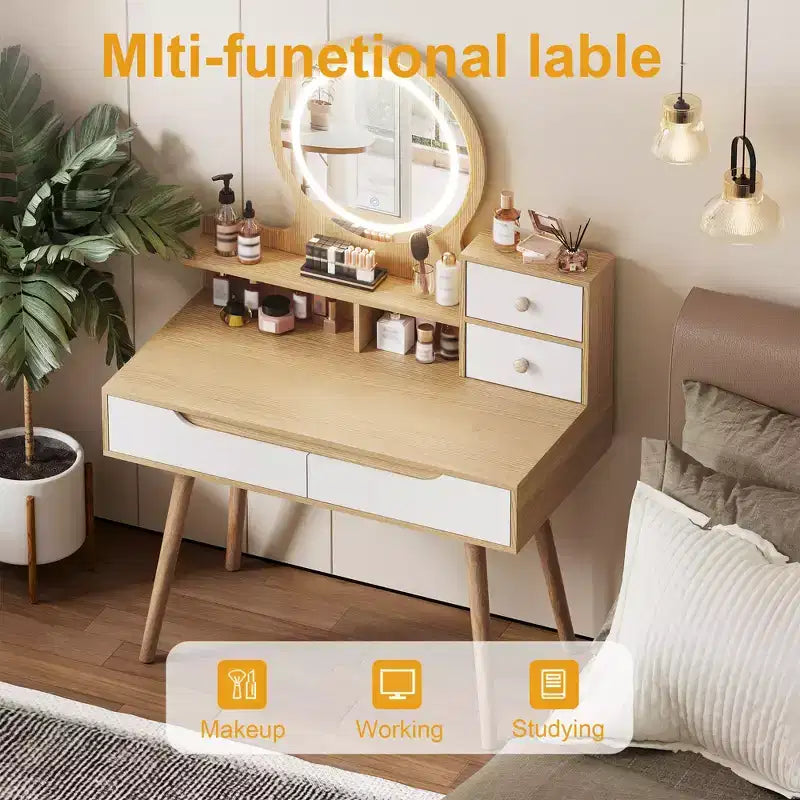 JVNOXK Vanity Dressing Table with 3 Height-Adjustable Lighted Mirrors and Solid Wood Legs, Featuring 4 Drawers and 3 Open Storage Shelves