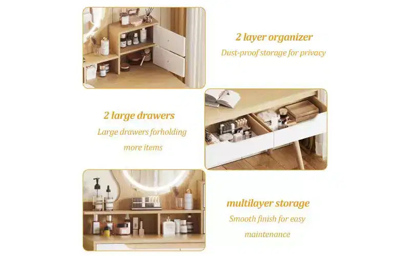 JVNOXK Vanity Dressing Table with 3 Height-Adjustable Lighted Mirrors and Solid Wood Legs, Featuring 4 Drawers and 3 Open Storage Shelves