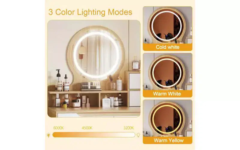 JVNOXK Vanity Dressing Table with 3 Height-Adjustable Lighted Mirrors and Solid Wood Legs, Featuring 4 Drawers and 3 Open Storage Shelves