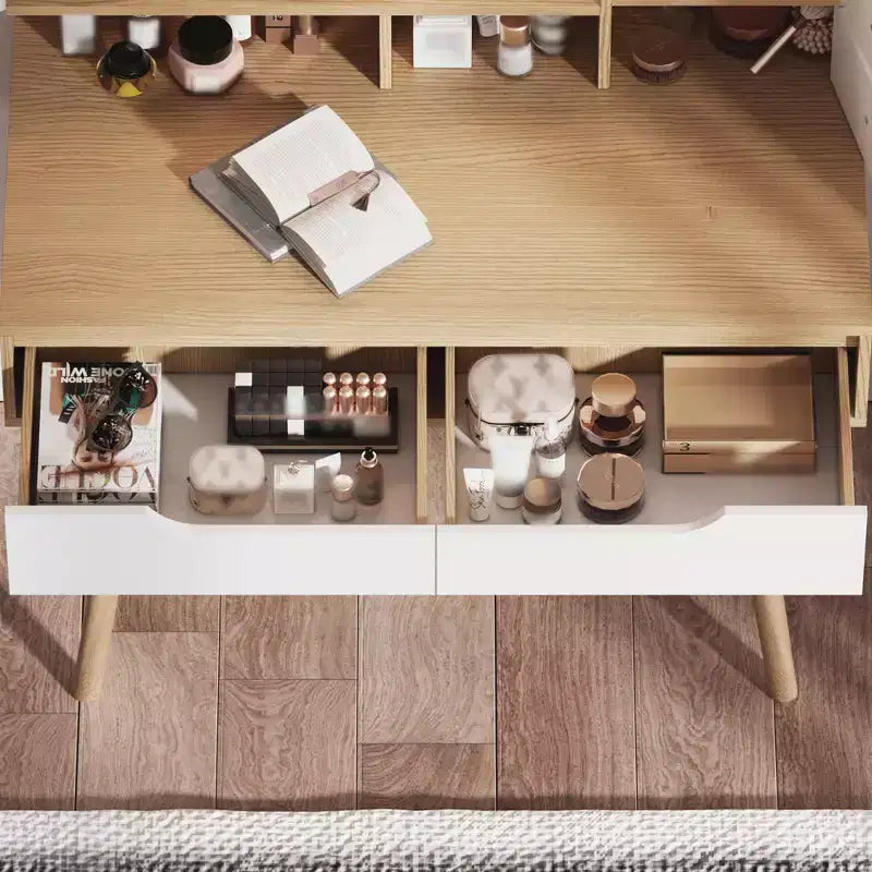 JVNOXK Vanity Dressing Table with 3 Height-Adjustable Lighted Mirrors and Solid Wood Legs, Featuring 4 Drawers and 3 Open Storage Shelves