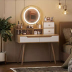 JVNOXK Vanity Dressing Table with 3 Height-Adjustable Lighted Mirrors and Solid Wood Legs, Featuring 4 Drawers and 3 Open Storage Shelves