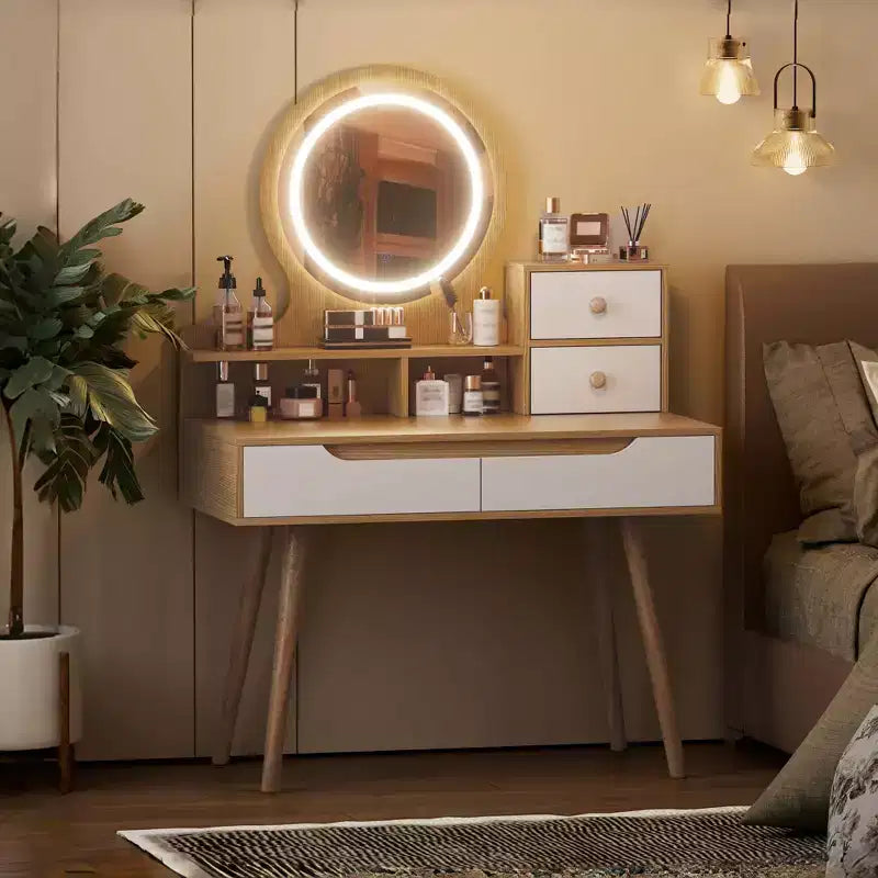 JVNOXK Vanity Dressing Table with 3 Height-Adjustable Lighted Mirrors and Solid Wood Legs, Featuring 4 Drawers and 3 Open Storage Shelves