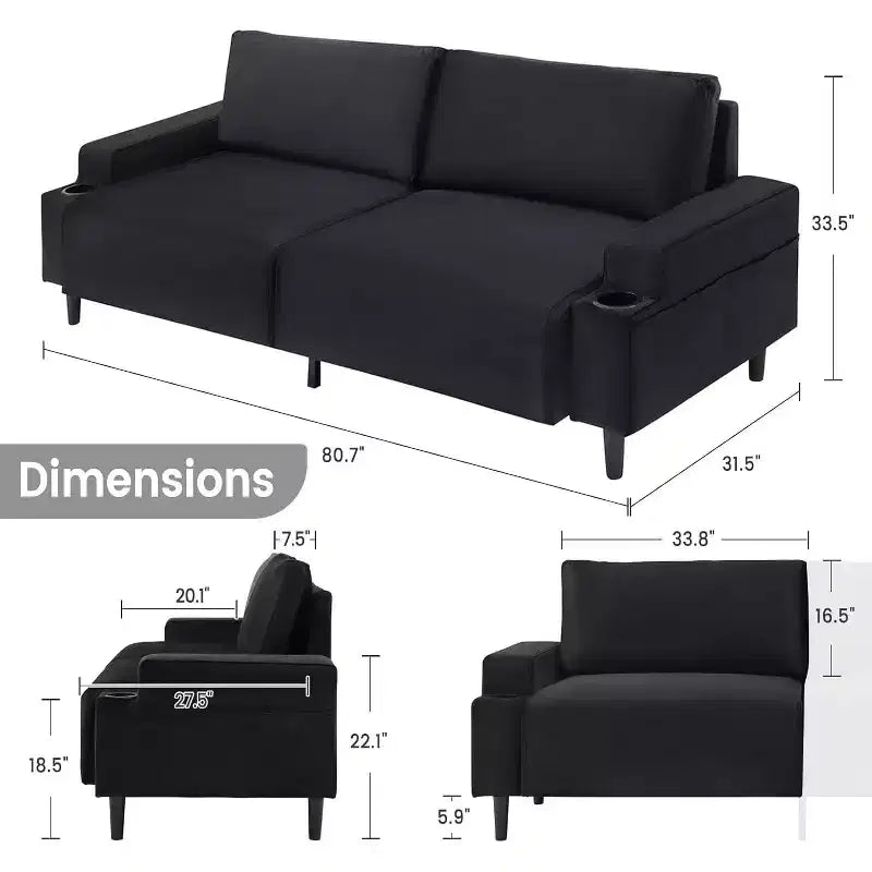 Contemporary 3-Seater Reclining Sofa for Living Room - Soft Cushioned Fabric Couch with Armrests, Storage Bag, Cup Holders - Easy to Assemble