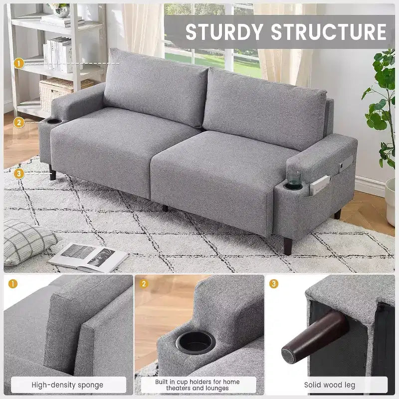 Contemporary 3-Seater Reclining Sofa for Living Room - Soft Cushioned Fabric Couch with Armrests, Storage Bag, Cup Holders - Easy to Assemble