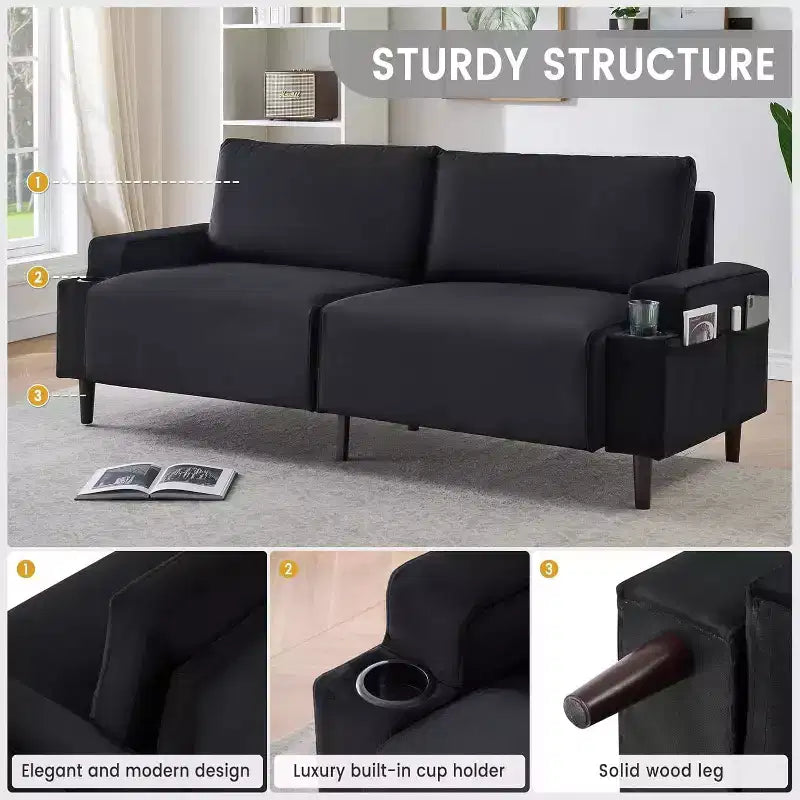 Contemporary 3-Seater Reclining Sofa for Living Room - Soft Cushioned Fabric Couch with Armrests, Storage Bag, Cup Holders - Easy to Assemble