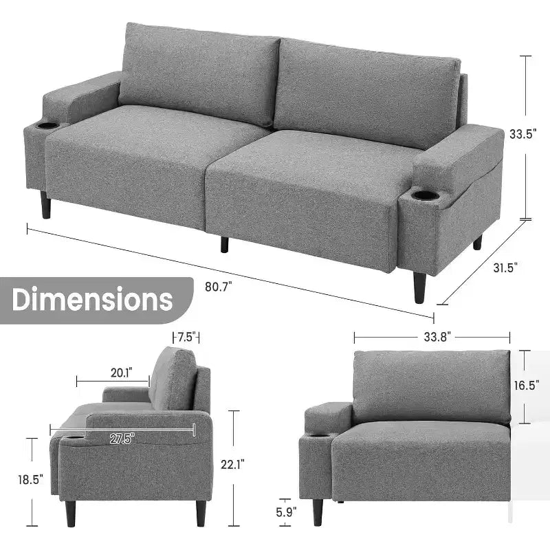 Contemporary 3-Seater Reclining Sofa for Living Room - Soft Cushioned Fabric Couch with Armrests, Storage Bag, Cup Holders - Easy to Assemble