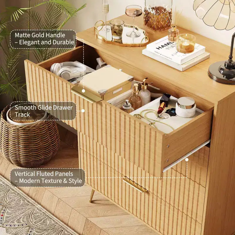 Dresser, 32 Wide Modern Fluted Chest of Drawers with Metal Handles, 4-Drawer Clothes Storage Organizer