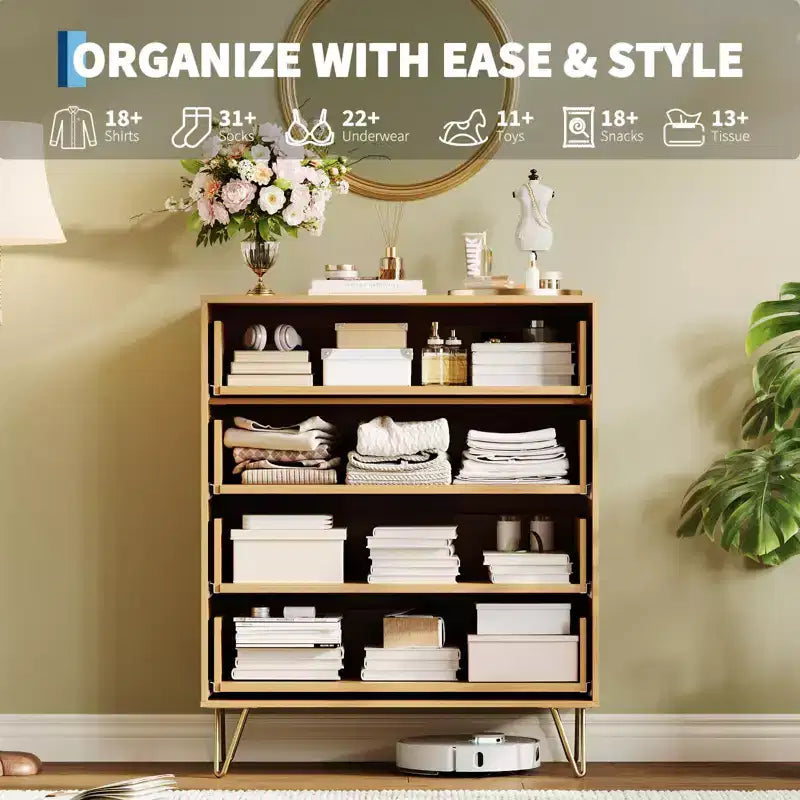 Dresser, 32 Wide Modern Fluted Chest of Drawers with Metal Handles, 4-Drawer Clothes Storage Organizer