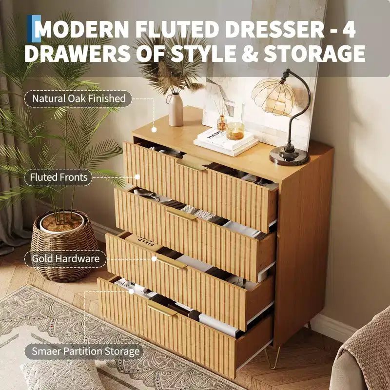 Dresser, 32 Wide Modern Fluted Chest of Drawers with Metal Handles, 4-Drawer Clothes Storage Organizer