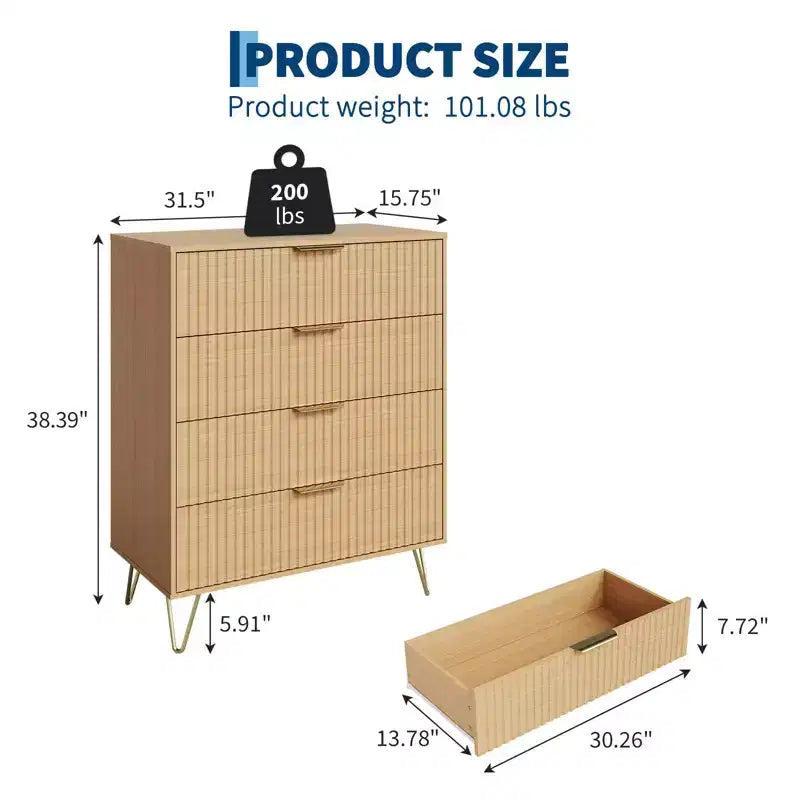 Dresser, 32 Wide Modern Fluted Chest of Drawers with Metal Handles, 4-Drawer Clothes Storage Organizer