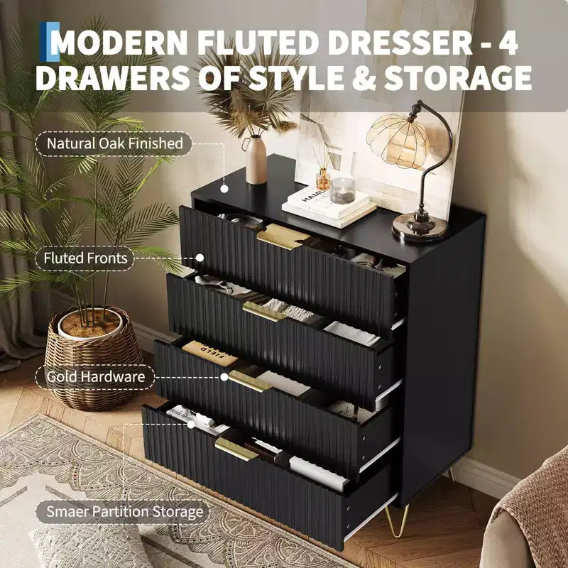 Dresser, 32 Wide Modern Fluted Chest of Drawers with Metal Handles, 4-Drawer Clothes Storage Organizer