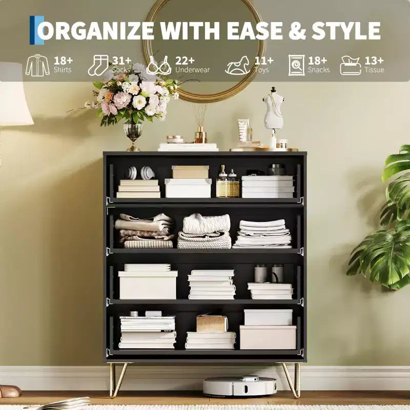 Dresser, 32 Wide Modern Fluted Chest of Drawers with Metal Handles, 4-Drawer Clothes Storage Organizer
