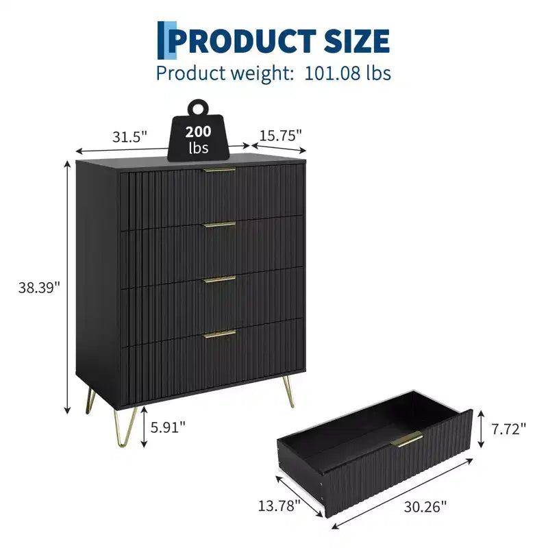 Dresser, 32 Wide Modern Fluted Chest of Drawers with Metal Handles, 4-Drawer Clothes Storage Organizer