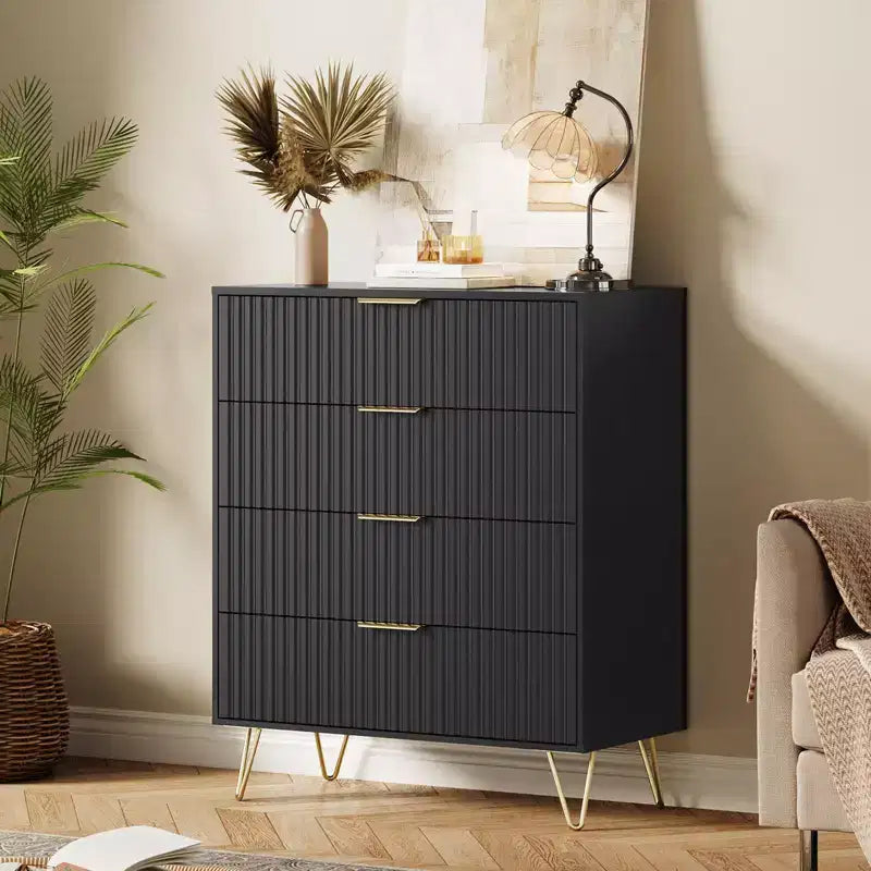 Dresser, 32 Wide Modern Fluted Chest of Drawers with Metal Handles, 4-Drawer Clothes Storage Organizer