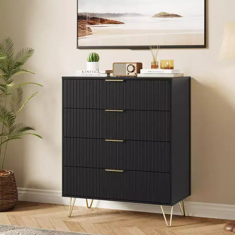 Dresser, 32 Wide Modern Fluted Chest of Drawers with Metal Handles, 4-Drawer Clothes Storage Organizer