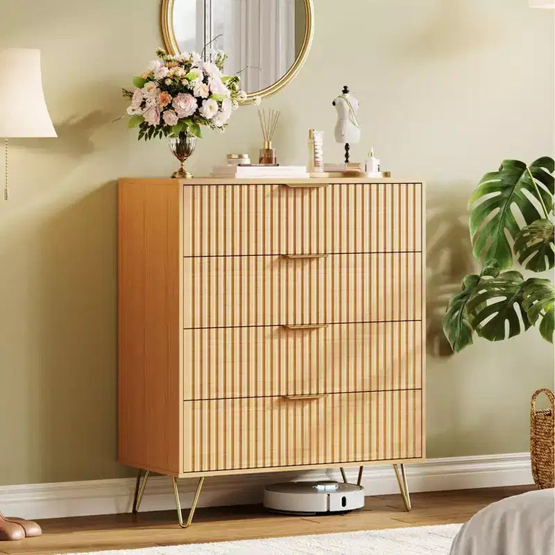 Dresser, 32 Wide Modern Fluted Chest of Drawers with Metal Handles, 4-Drawer Clothes Storage Organizer