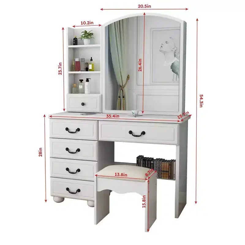 Vanity Desk with LED Mirror & Lights, Makeup Table with 6 Drawers, 3 Color Modes, White