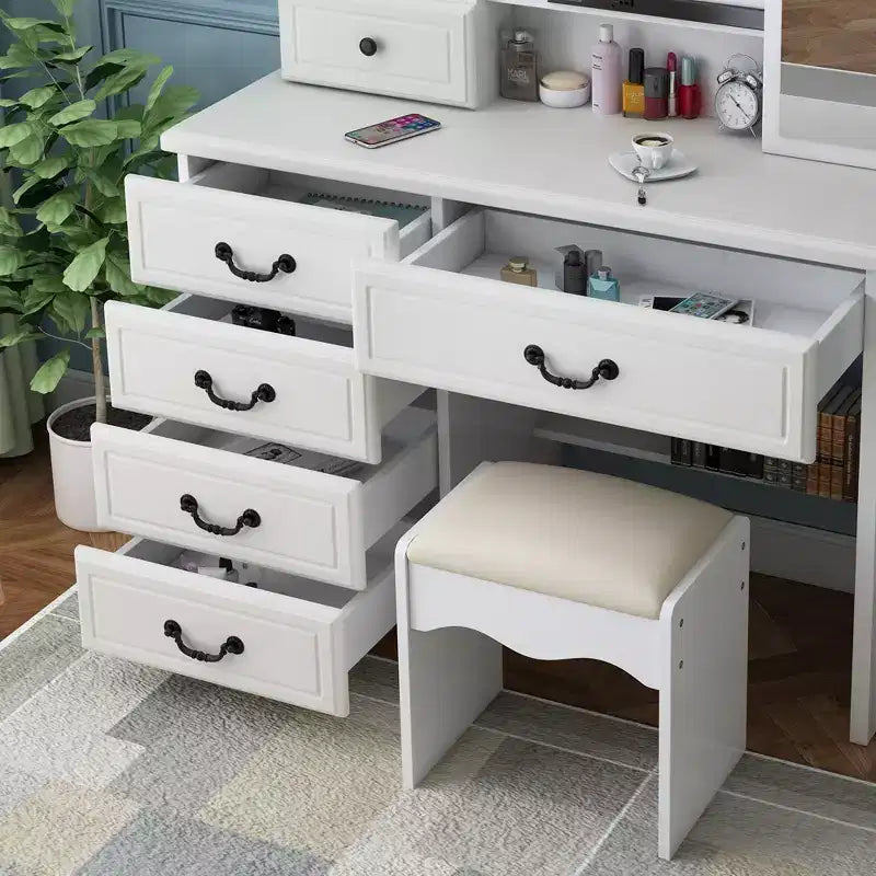 Vanity Desk with LED Mirror & Lights, Makeup Table with 6 Drawers, 3 Color Modes, White