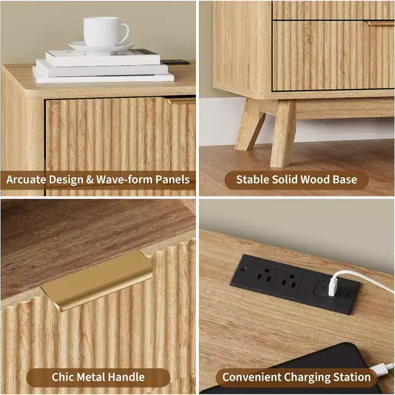 Set of 2 24 Fluted Nightstands, Wide Natural Bedside Table with Charging Station, 3 Large Storage Drawers & Metal Handle for Bedroom & Living Room