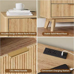 Set of 2 24 Fluted Nightstands, Wide Natural Bedside Table with Charging Station, 3 Large Storage Drawers & Metal Handle for Bedroom & Living Room