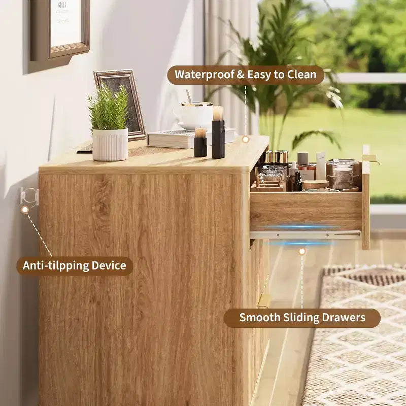 Set of 2 24 Fluted Nightstands, Wide Natural Bedside Table with Charging Station, 3 Large Storage Drawers & Metal Handle for Bedroom & Living Room