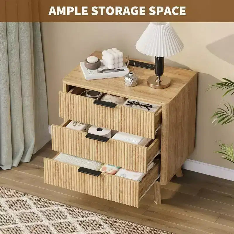 Set of 2 24 Fluted Nightstands, Wide Natural Bedside Table with Charging Station, 3 Large Storage Drawers & Metal Handle for Bedroom & Living Room