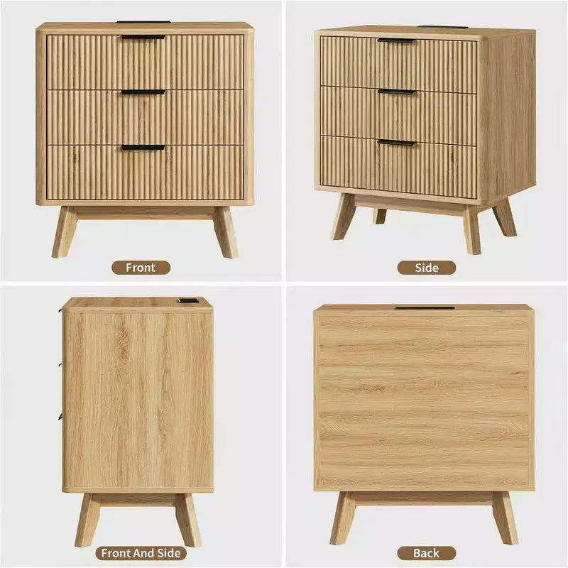 Set of 2 24 Fluted Nightstands, Wide Natural Bedside Table with Charging Station, 3 Large Storage Drawers & Metal Handle for Bedroom & Living Room