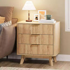 Set of 2 24 Fluted Nightstands, Wide Natural Bedside Table with Charging Station, 3 Large Storage Drawers & Metal Handle for Bedroom & Living Room
