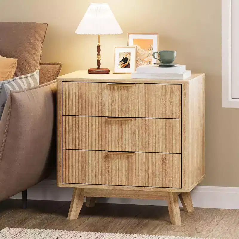 Set of 2 24 Fluted Nightstands, Wide Natural Bedside Table with Charging Station, 3 Large Storage Drawers & Metal Handle for Bedroom & Living Room
