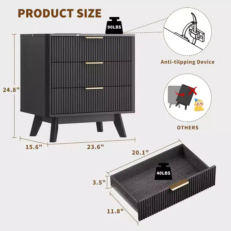 Set of 2 24 Fluted Nightstands, Wide Natural Bedside Table with Charging Station, 3 Large Storage Drawers & Metal Handle for Bedroom & Living Room