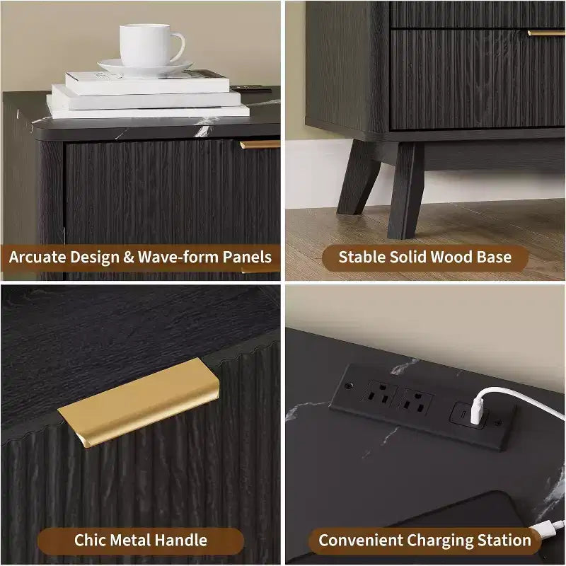 Set of 2 24 Fluted Nightstands, Wide Natural Bedside Table with Charging Station, 3 Large Storage Drawers & Metal Handle for Bedroom & Living Room