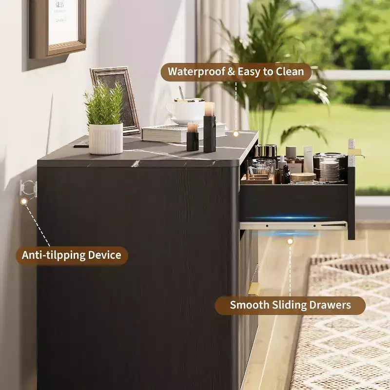 Set of 2 24 Fluted Nightstands, Wide Natural Bedside Table with Charging Station, 3 Large Storage Drawers & Metal Handle for Bedroom & Living Room