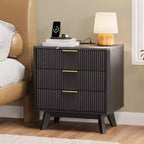 Set of 2 24 Fluted Nightstands, Wide Natural Bedside Table with Charging Station, 3 Large Storage Drawers & Metal Handle for Bedroom & Living Room