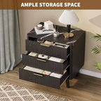 Set of 2 24 Fluted Nightstands, Wide Natural Bedside Table with Charging Station, 3 Large Storage Drawers & Metal Handle for Bedroom & Living Room