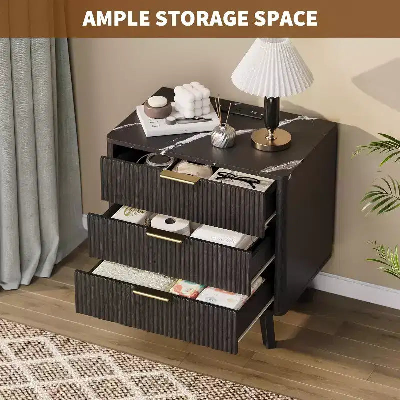 Set of 2 24 Fluted Nightstands, Wide Natural Bedside Table with Charging Station, 3 Large Storage Drawers & Metal Handle for Bedroom & Living Room